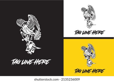 logo concept of eagle and head skull vector black and white
