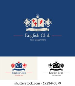Concepto de logotipo para una escuela de inglés. Ilustración vectorial de un emblema para un Instituto de Lenguas de Aprendizaje Inglés.
