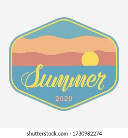 Logo concept with hand lettering for beach or summer cafe. Summer emblem, sticker, badge. Graphic design element. Vector illustration.