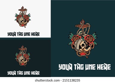 logo concept of head skull and red rose vector illustration design