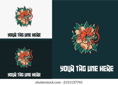 logo concept of head snake with flower vector illustration flat design