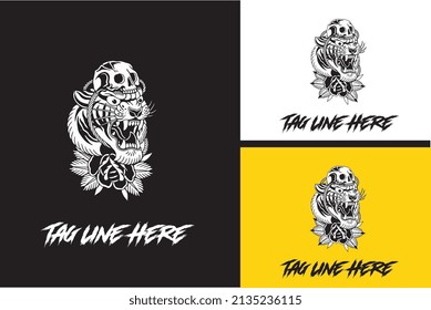 logo concept of head tiger and head skull vector black and white