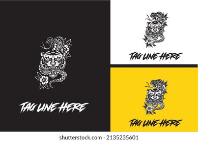 logo concept of head tiger and snake vector black and white