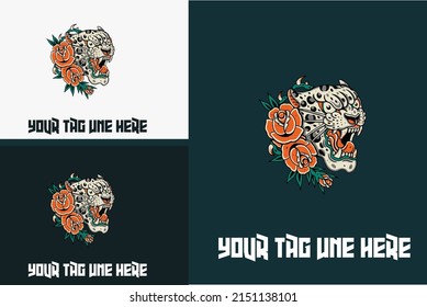 logo concept of head white tiger with red rose vector illustration