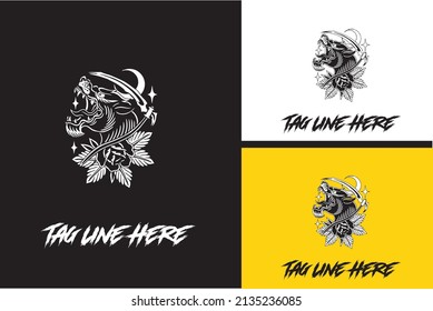 logo concept of head wolf and flower vector black and white