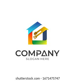 Logo-Konzept des Hauses mit Löffel und Gabel. Einfache bunter Stilrichtung. Vektorillustration Logo Symbol einsatzbereit.