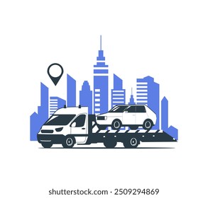 Logo concept illustration with tow truck transporting a car. Vector illustration.