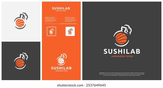 logo con el concepto de botellas de laboratorio y sushi, comida japonesa saludable, Vector de Diseño gráfico.
