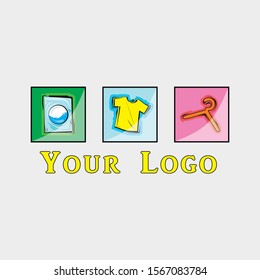 Logo Concept Laundry, include tshirt, hanger, and washing machine in variant color
