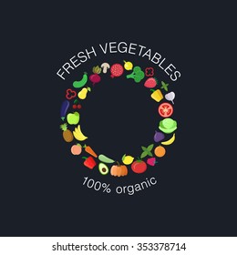 Logo concept for organic farming, vegetarian products or restaurant with vector vegetables and fruits