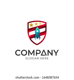 Concepto de logotipo de cohete combinado con escudo.