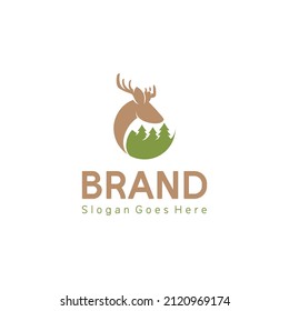 Logo Concept stag, buck or deer  in a forest, suitable for outdoor brands, archery clubs, hunting gear etc