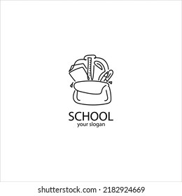 Logo concept with symbol of a bag containing stationery and books. For the concept of back to school, study in class etc