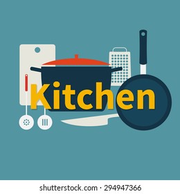 Logo concept with text of kitchen utensils. Flat design vector illustration.
