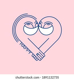 Logo concept for Valentine's Day. Linear stylized drawing of a couple in love wearing masks in the shape of a heart. Inscription "happy"