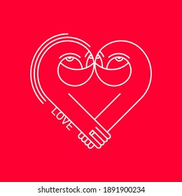 Logo concept for Valentine's Day. Linear stylized drawing of a couple in love wearing masks in the shape of a heart. Inscription "love"