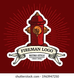 Concepto de logotipo del hidrante de fuego vintage. Logotipo de dibujo de seguridad aislado con Shadow y Ray. Estilo de esbozo para impresión. Vieja mano dibujada grabando la imitación. Diseño retro, grabado. Cinta de estilo retro