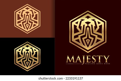 The Logo Concept of a Wild Animal face Combination by Forming a Golden Metallic Hexagon Style Concept.