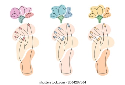Logo concept woman hand drawn and flower element. Logo set for nails studio or beauty saloon.