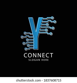 Logo connection letter Y, Technology abstract dot connection cross vector logo icon circle logotype.