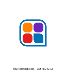 A logo consisting of four rounded squares in orange, purple, red, and blue, enclosed in a blue outline