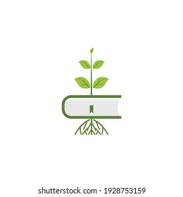 the logo consists of books, roots and leaves and tree trunks