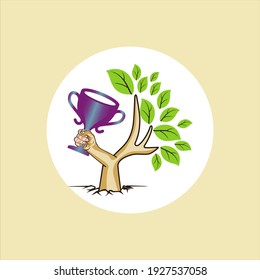 The logo consists of a tree, leaves, hands and a trophy. The trophy-branching tree shows achievements in reforestation. Improve the lungs of the world
