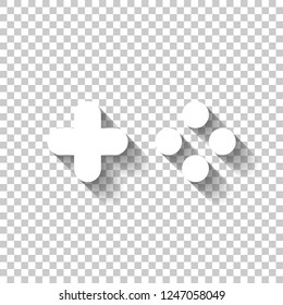 Logo of console or mobile game, controller or joystick, simple icon. White icon with shadow on transparent background