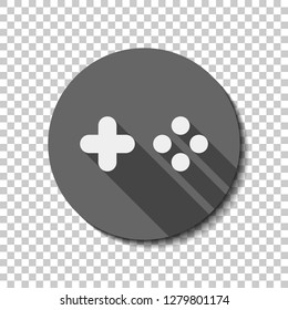 Logo of console or mobile game, controller or joystick, simple icon. flat icon, long shadow, circle, transparent grid. Badge or sticker style