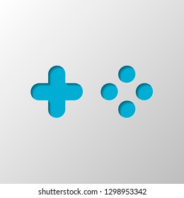 Logo of console or mobile game, controller or joystick, simple icon. Paper design. Cutted symbol with shadow