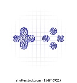 Logo of console or mobile game, controller or joystick, simple icon. Hand drawn sketched picture with scribble fill. Blue ink. Doodle on white background