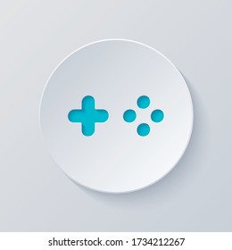 Logo of console or mobile game, controller or joystick, simple icon. Cut circle with gray and blue layers. Paper style