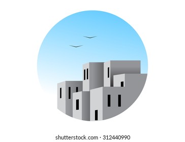logo construction. Houses against the blue sky and couple of birds