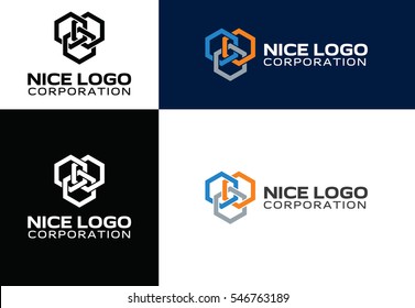 Logo Construction Industry, Colored Hexagons, Blue, Orange And Gray Colors