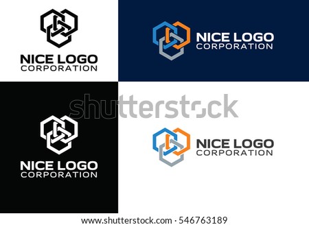 logo construction industry, colored hexagons, blue, orange and gray colors