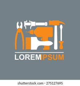 Logo of Construction tools. Carpentry tools to master. Pliers, screwdriver, drill, hammer, brush. Template conceptual Tool shop. Vector illustration
