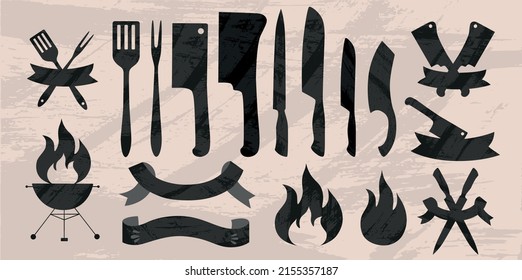 Logo constructor for barbecue, grill party logo set with grunge texture. Vector stock illustration isolated on background for design packaging, logo, menu in restaurant, butcher shop. EPS10