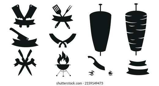 Constructor de logotipos para doner, kebab, barbacoa, juego de logotipos de parrilladas. Ilustración de material vectorial aislada en fondo blanco para el embalaje de diseño, logotipo, menú en restaurante, carnicería. EPS10