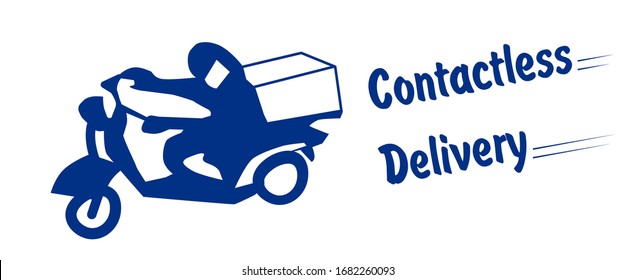 Logo contactless delivery in blue.  Concept of Contactless delivery  with  Man in medical mask  on motorcycle for your web site design, app, UI. Stock vector.  EPS10.