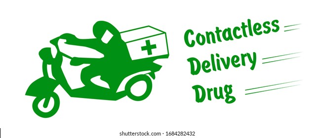 Logo contactless delivery drug in green.  Concept of Contactless delivery Drug  with  Man in medical mask  on motorcycle for your web site design, app, UI. Stock vector.  EPS10.