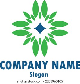 A Logo Contains Leaves Like A Flower With Blue Core , Suitable For Natural Products Companies And Ecosystems , New Business Logo , Agriculture Company Logo , Blue And Green Colors, Logo Vector