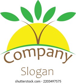 Logo Contains Small Tree And Sun , Suitable For Natural Products Companies And Eco System, New Business Logo , Agriculture And Fertilizer Company Logo , Yellow And Green And Brown Colors , Logo Vector