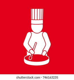 Logo of a cook with a french toque.
On a red background a white silhouette of a man cooking.