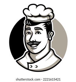 Logo for the cooking field, with the main object being a male chef, on a white background. Vector inspiration. Design element for logo,tshirt,emblem,poster,restaurant. Vector illustration.