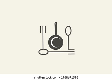 Logo of cooking pan with spoon and fork, simply line art style