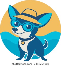 a logo a cool dog chihuahua weared in swiming suit and hat on the bech