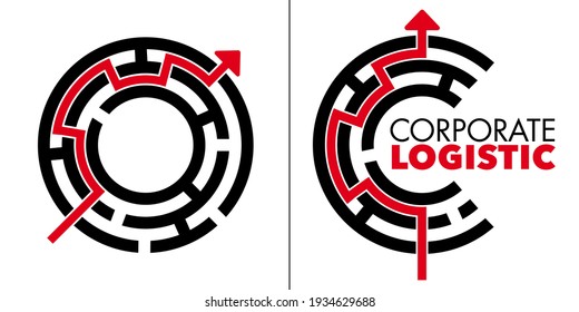 Logo for corporate logistics, consisting of a black maze and a red arrow symbolizing a solution to a problem. 