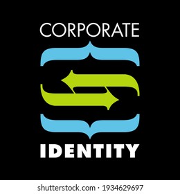 Logo para la logística corporativa, compuesto de corchetes y flechas, azul y verde. 