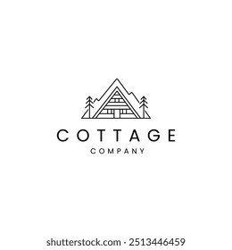 Logotipo de la casa de campo en invierno con fondo de montañas en estilo de diseño de arte de línea