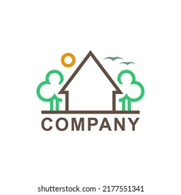 Logo with country house and landscape with trees and sun. Simple minimal colorful colored design and template. Isolated vector illustration on white background.